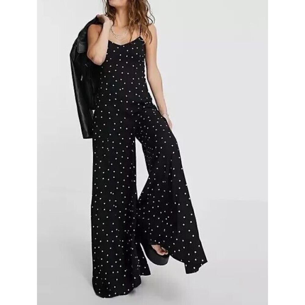 Free People XS Jumpsuit Black White Polka Dot Strappy Wide Leg Baggy Fit Pants